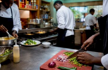 Chefs working at distinct kitchen stations