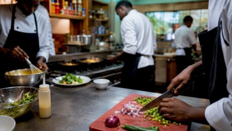 Chefs working at distinct kitchen stations