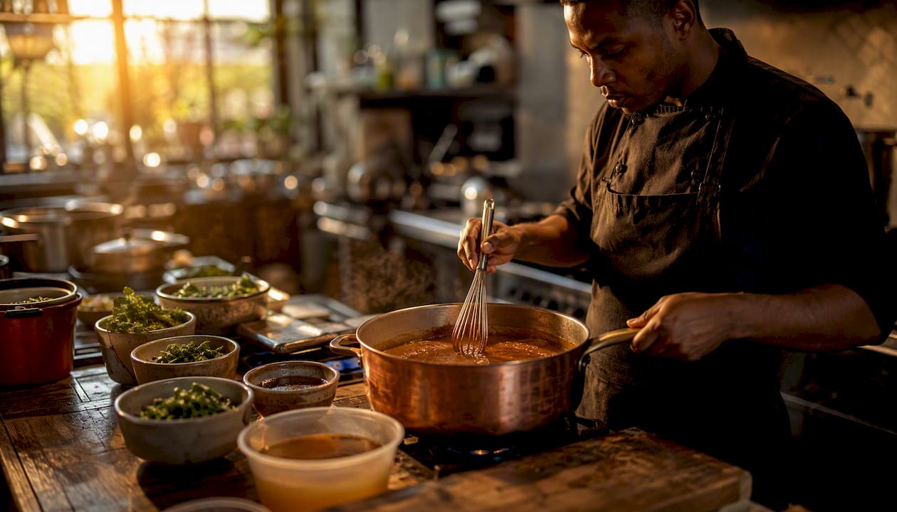 Chef stirring sauce at saucier station