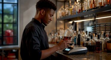 Hands weighing partial bottle on digital scales