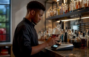 Hands weighing partial bottle on digital scales