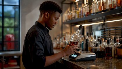Hands weighing partial bottle on digital scales