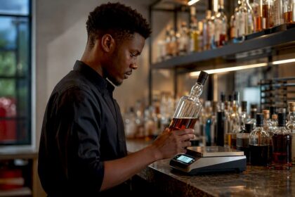 Hands weighing partial bottle on digital scales