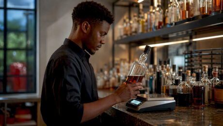 Hands weighing partial bottle on digital scales