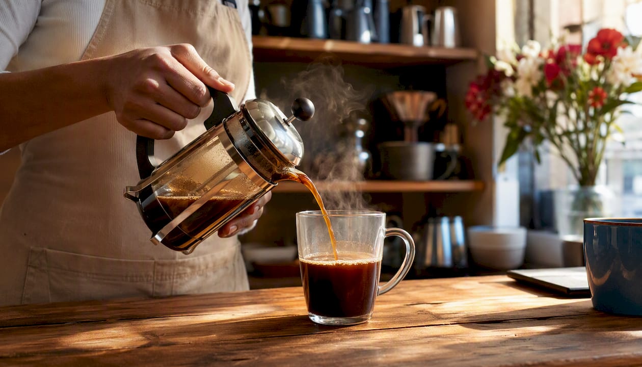 Hands pressing French press plunger